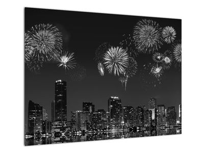 Glasbild - Feuerwerk in Miami, schwarz-weiß