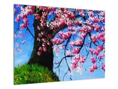 Skleněný obraz malované rozkvetlé třešně