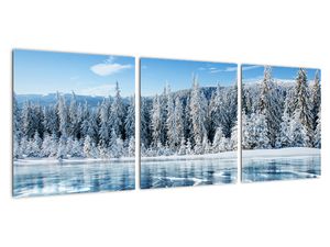 Kép a befagyott tóról és a havas fákról