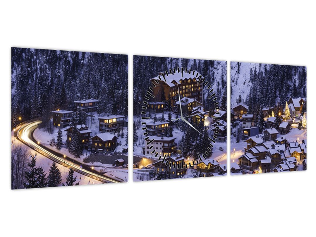Obraz - horské zimní městečko (s hodinami) (V020600V9030C)