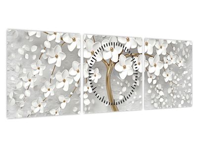 Obraz bílého stromu s květinami (s hodinami) (V020977V9030C)