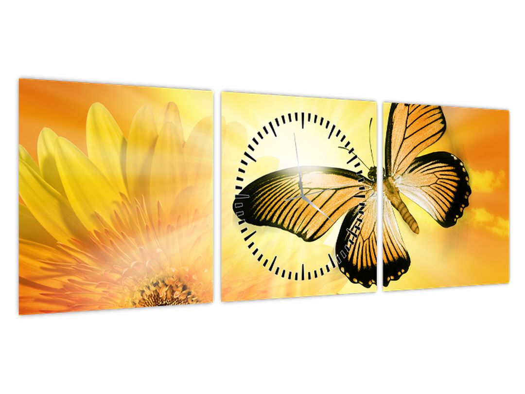Obraz - Žlutý motýl s květem (s hodinami) (V022521V9030C)