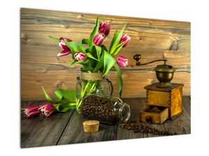 Tulipánok, daráló és kávé képe