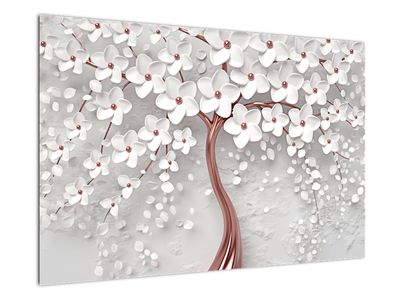 Obraz - Obraz bieleho stromu s kvetinami, rosegold