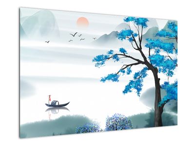 Slika - Naslikano jezero s čolnom