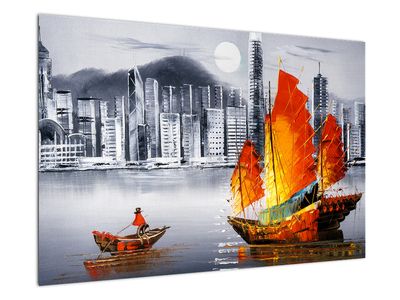 Schilderij - Victoria Harbor, Hong Kong, zwart-witte olieverfschilderij