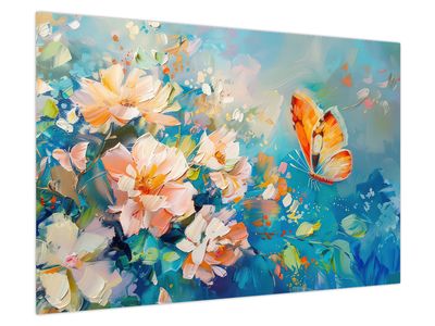 Bild auf Leinwand - Schmetterling und Blumen, Ölgemälde II.