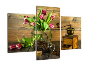 Obraz - tulipány, mlynček a káva