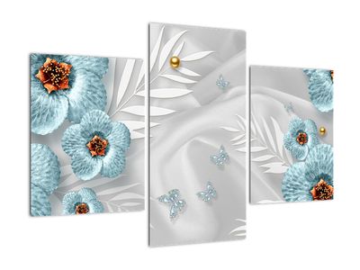 Schilderij - 3D blauwe bloemen