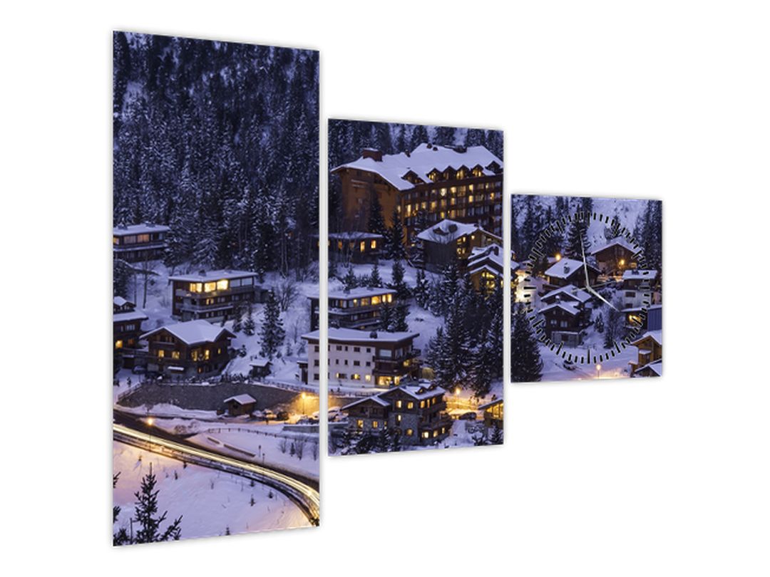 Obraz - horské zimní městečko (s hodinami) (V020600V9070C)