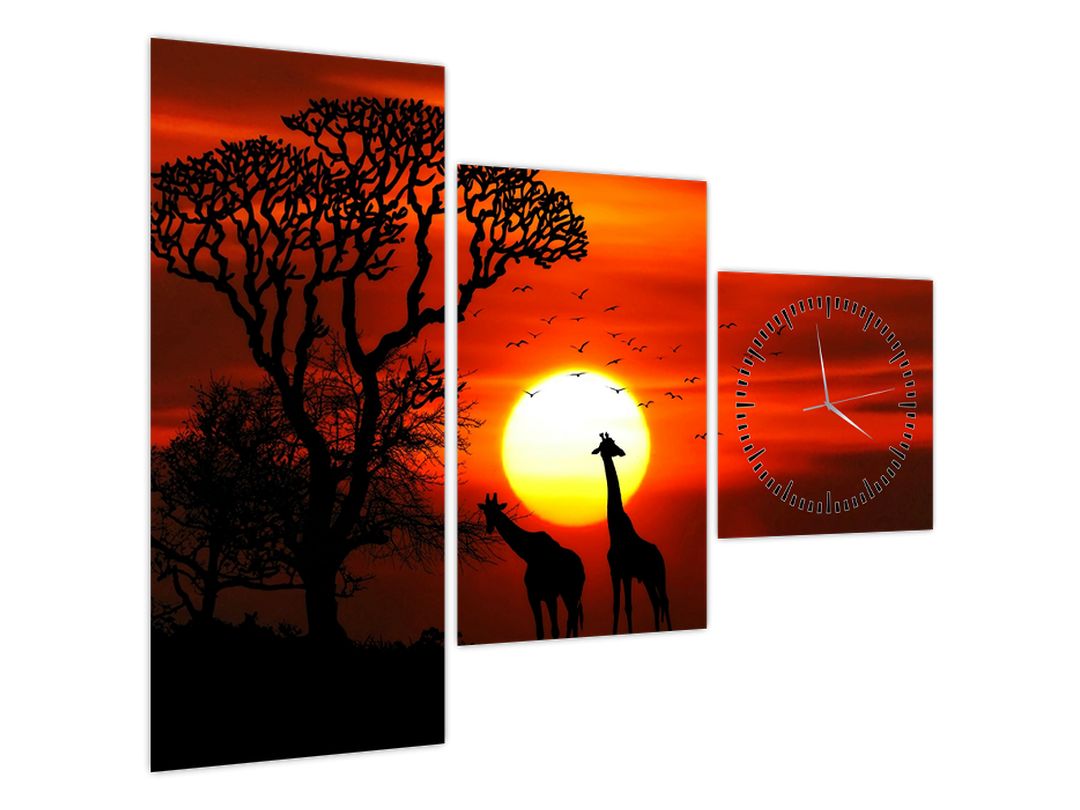 Obraz - Siluety zvířat při západu slunce (s hodinami) (V022600V9070C)