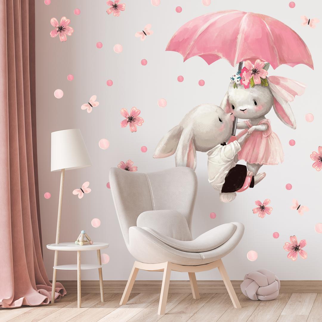 Samolepky na stenu - Zajačiky s dáždnikom (L080154)