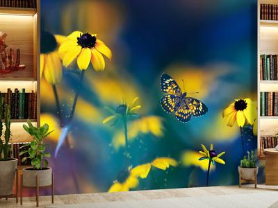 Fotobehang - Gele bloemen met vlinder