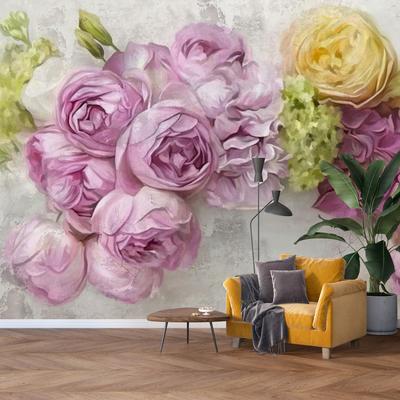 Fotobehang - Bloemen aan de muur in pastelkleuren