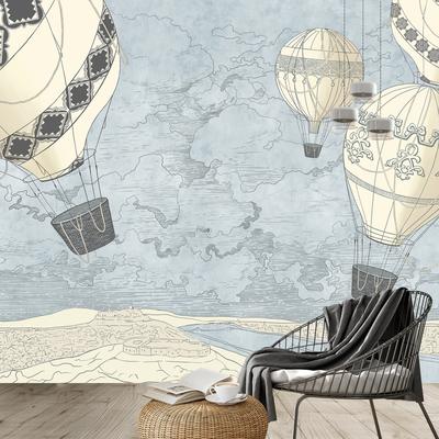 Fotobehang - Heteluchtballonnen boven de stad, koude tinten
