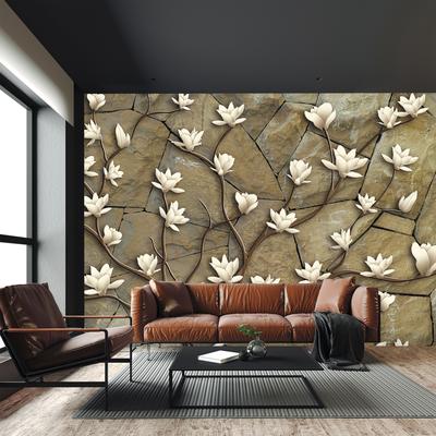 Fototapeta - Bele magnolije na kamnitem zidu