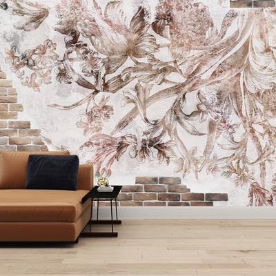 Fototapeta - Kvetinová freska na tehlovej stene