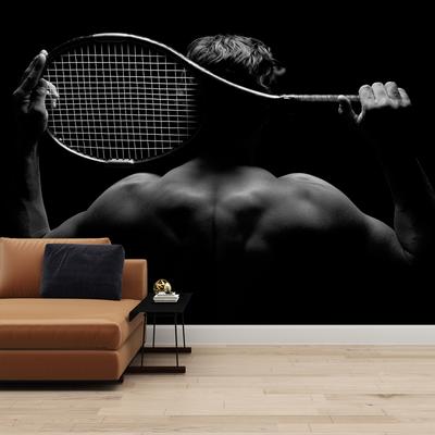 Fotobehang - Naakt van een tennisspeler, zwart-wit