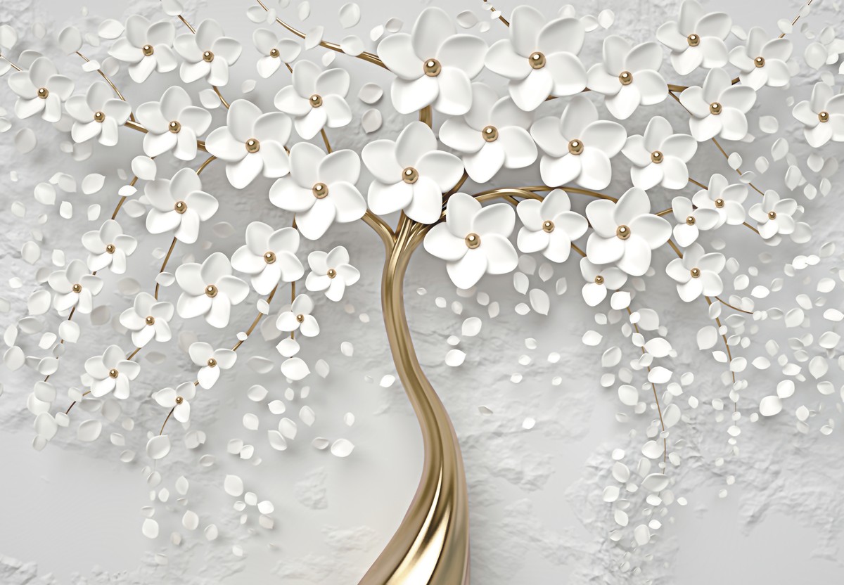 Fotobehang - Witte boom met bloemen (T100680)