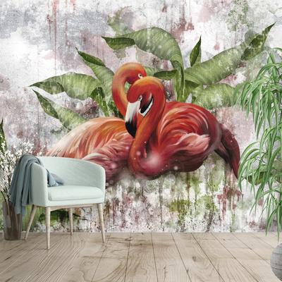 Fototapeta - Flamingi na betonowej ścianie